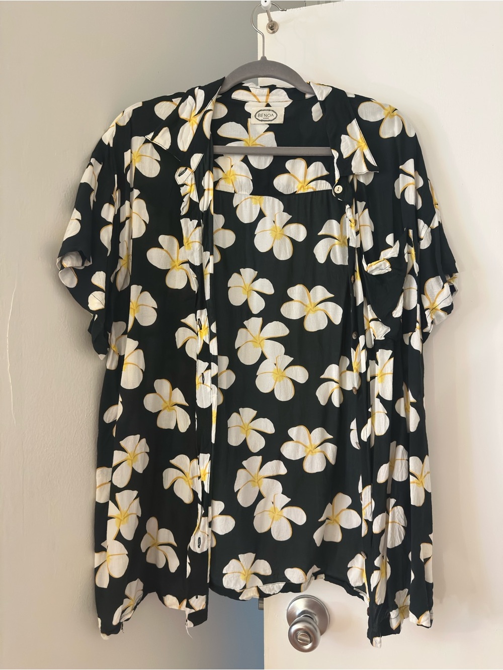 Benoa Swim Black Floral Plumeria Aloha Shirt